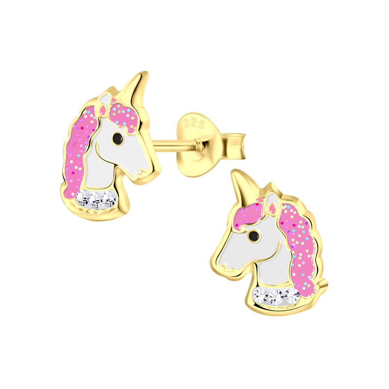 Mädchen-Ohrstecker Einhorn 11 x 8 mm rosa mit Glitzer vergoldet Sterling Silber 925