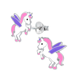 Kinder-Ohrstecker Einhorn Unicorn 13mm Rosa, Lila und Weiß Sterling Silber 925