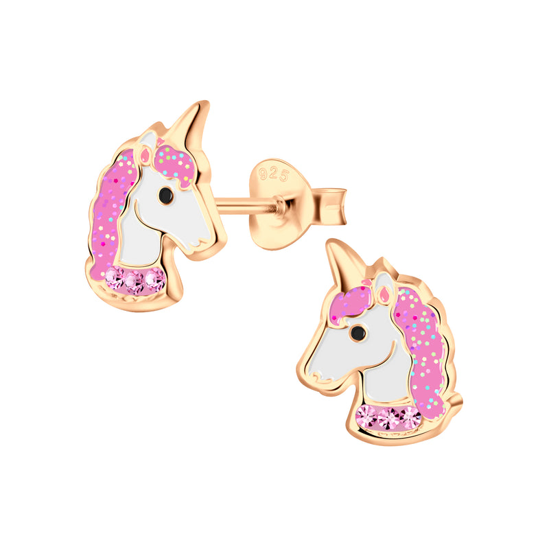 Kinder-Ohrstecker Einhorn rosa mit Glitzer rose vergoldet Sterling Silber 925