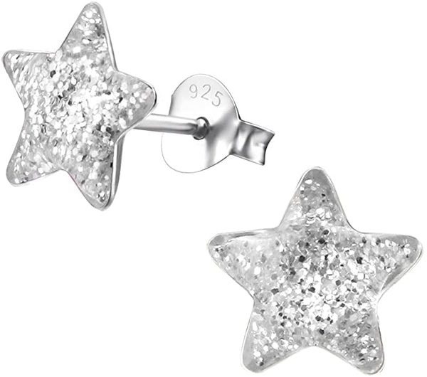 Damen-Ohrstecker Stern mit glitzer grau silber aus Sterling Silber 925