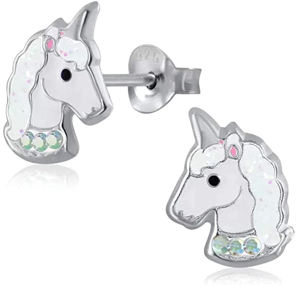 Kinder-Ohrstecker Einhorn Stecker Weiß mit Glitzer Sterling Silber 925