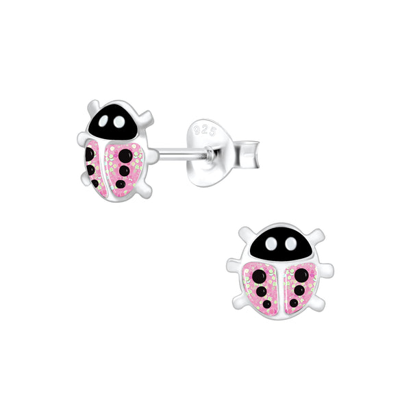 Mädchen-Ohrstecker Marienkäfer 6mm Rosa Schwarz Glitzer Sterling Silber 925