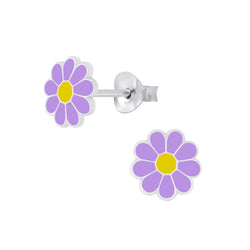 Mädchen-Ohrstecker Gänseblume 7mm und Halskette Kette 36cm plus 5cm Verlängerung mit Anhänger Blume 7mm lila gelb Sterling Silber 925