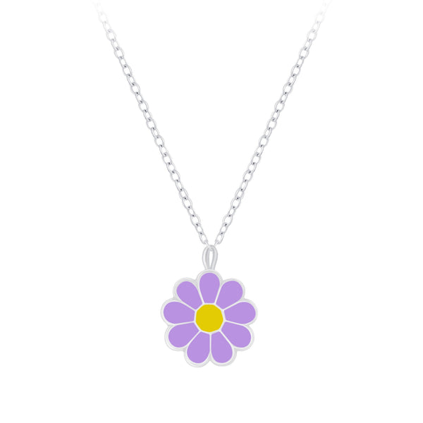 Mädchen-Ohrstecker Gänseblume 7mm und Halskette Kette 36cm plus 5cm Verlängerung mit Anhänger Blume 7mm lila gelb Sterling Silber 925