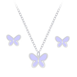 Mädchen-Ohrstecker Schmetterling lila 6mm und Halskette Kette 36cm plus 5cm Verlängerung mit Anhänger Falter Insekt 6mm Violett Sterling Silber 925