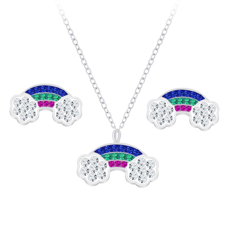 Mädchen-Ohrstecker Regenbogen 13mm und Halskette Kette 36cm plus 5cm Verlängerung mit Anhänger Lichtbogen 13mm Glitzer blau lila mint Sterling Silber 925