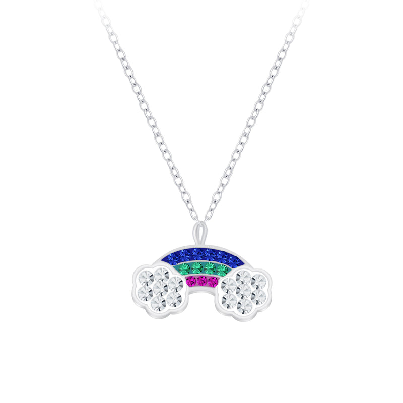 Mädchen-Ohrstecker Regenbogen 13mm und Halskette Kette 36cm plus 5cm Verlängerung mit Anhänger Lichtbogen 13mm Glitzer blau lila mint Sterling Silber 925