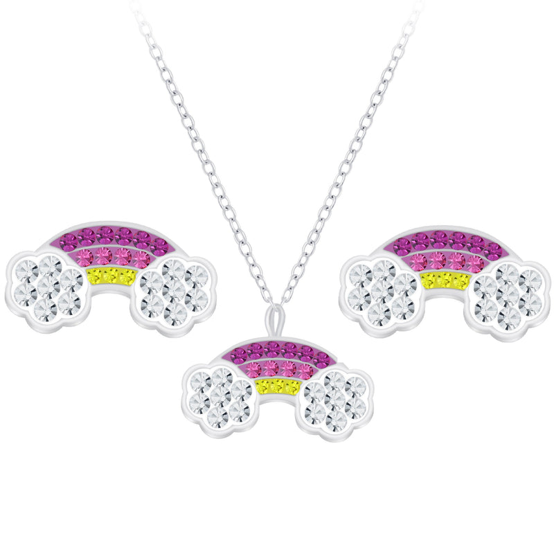 Mädchen-Ohrstecker Regenbogen 13mm und Halskette Kette 36cm plus 5cm Verlängerung mit Anhänger Lichtbogen 13mm Glitzer pink gelb weiß Sterling Silber 925