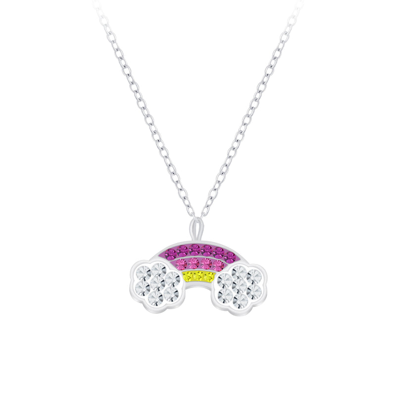 Mädchen-Ohrstecker Regenbogen 13mm und Halskette Kette 36cm plus 5cm Verlängerung mit Anhänger Lichtbogen 13mm Glitzer pink gelb weiß Sterling Silber 925