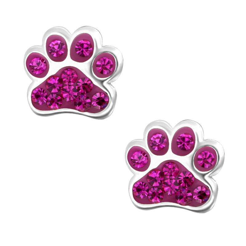 Kinder-Ohrstecker Hundepfote Pfote Tier mit Glitzer Pink aus Sterling Silber 925