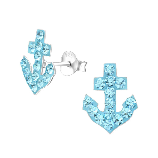 Mädchen-Ohrstecker Anker maritim 12mm Glanz mit Glitzer Hellblau aus Sterling Silber 925