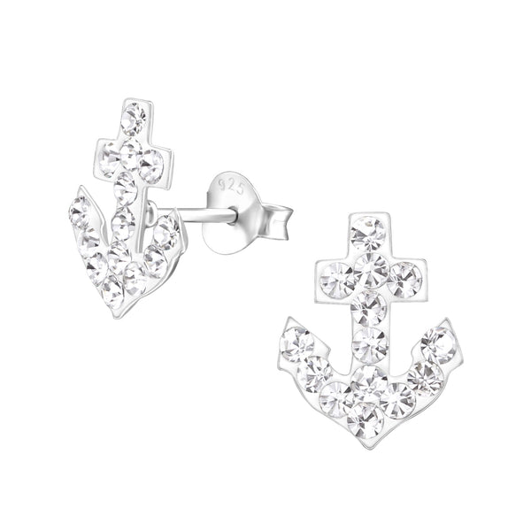 Mädchen-Ohrstecker Anker maritim 12mm Glanz mit Glitzer Weiß aus Sterling Silber 925