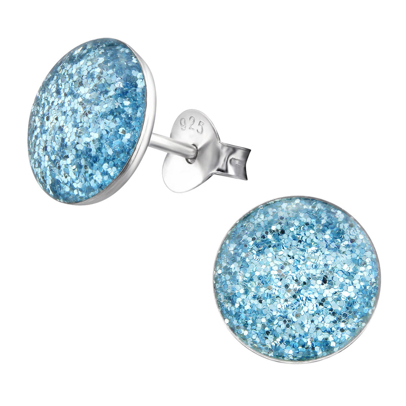 Damen-Ohrstecker Platte mit glitzer blau silber aus Sterling Silber 925