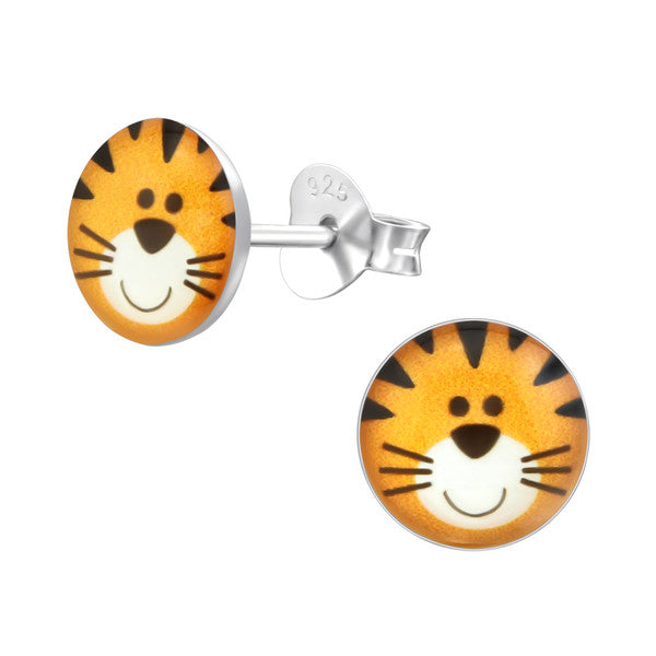 Kinder-Ohrstecker Tiger Raubtier Tier Kopf Braun braun schwarz Platte Scheibe aus Sterling Silber 925