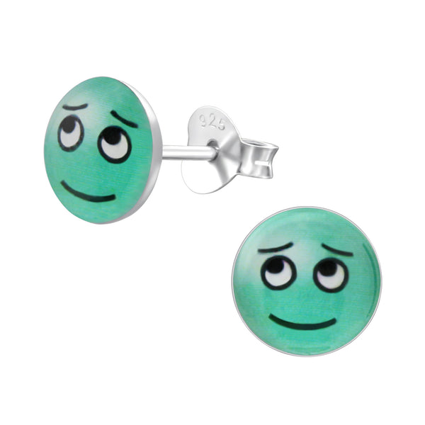 Kinder-Ohrstecker Smiley fröhlich glücklich Grün Schwarz aus Sterling Silber 925