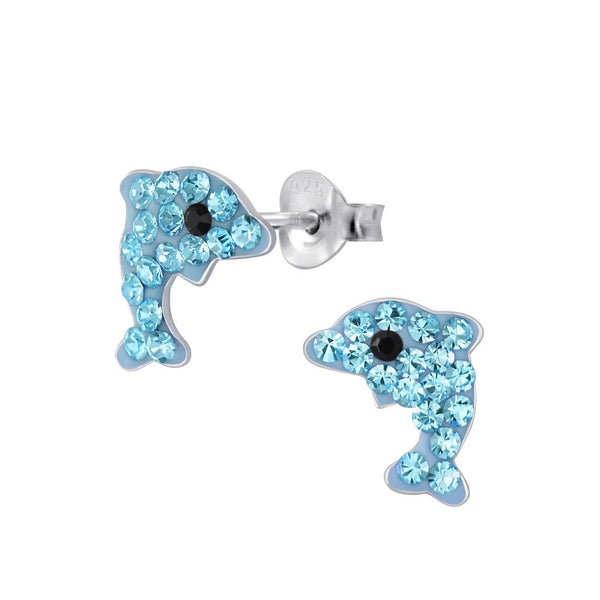 Laimons Mädchen-Ohrstecker Delphin Delfin Glitzer hell-blau 9 mm aus Sterling Silber 925