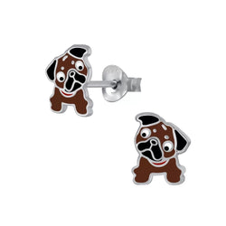 Kinder-Ohrstecker Hund Hündchen Mops Braun Weiß 8mm aus Sterling Silber 925