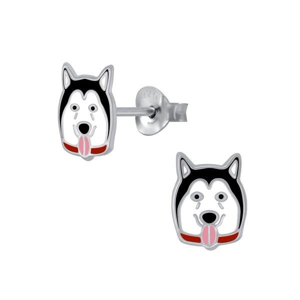 Kinder-Ohrstecker Hund Hündchen Husky Schlittenhund schwarz weiß 7mm Sterling Silber 925