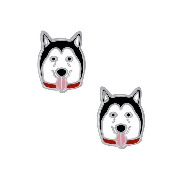 Kinder-Ohrstecker Hund Hündchen Husky Schlittenhund schwarz weiß 7mm Sterling Silber 925