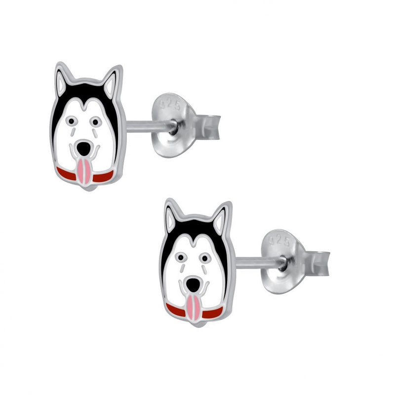 Kinder-Ohrstecker Hund Hündchen Husky Schlittenhund schwarz weiß 7mm Sterling Silber 925