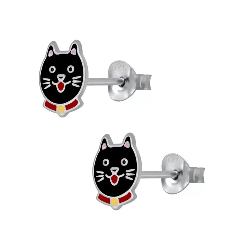 Kinder-Ohrstecker Katze Mieze Kitten Schwarz aus Sterling Silber 925