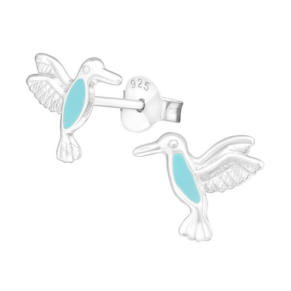 Kinder-Ohrstecker Vogel Colibri Hell-Blau Sterling Silber 925