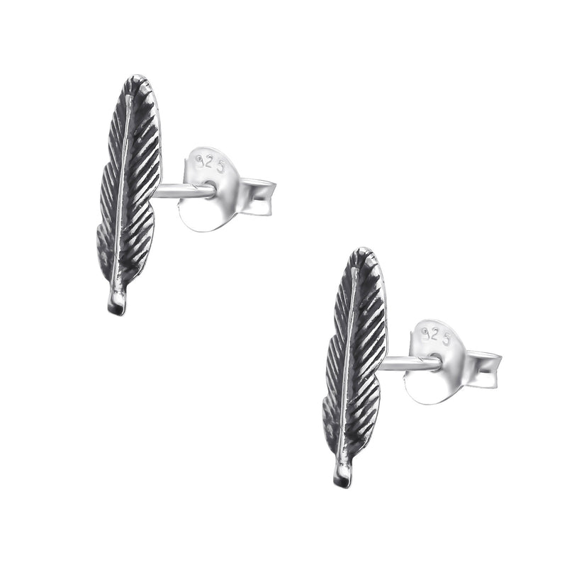 Damen-Ohrstecker Feder gefieder oxidiert 10mm Sterling Silber 925