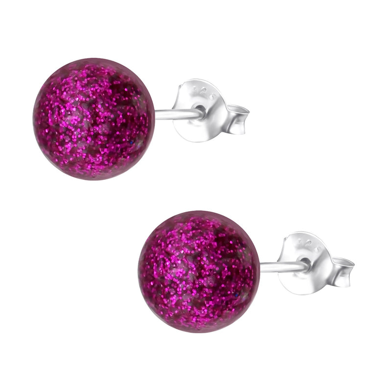 Damen-Ohrstecker Kugel Ball 6mm in pink Glitzer Sterling Silber 925