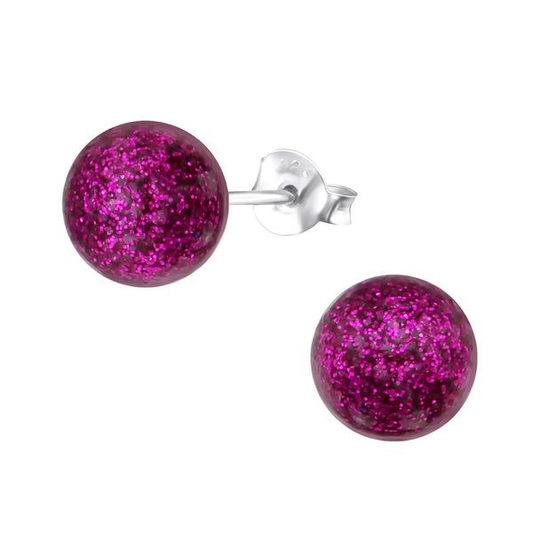 Damen-Ohrstecker Kugel Ball 6mm in pink Glitzer Sterling Silber 925