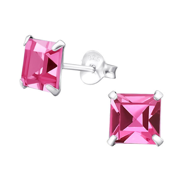 Damen-Ohrstecker viereckig glanz mit Glitzer rosa Sterling Silber 925