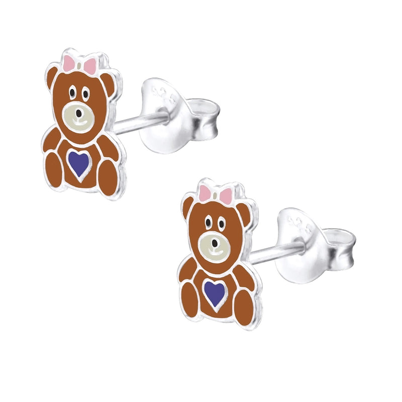 Kinder-Ohrstecker Teddy-Bär Herz Bärchen Braun aus Sterling Silber 925