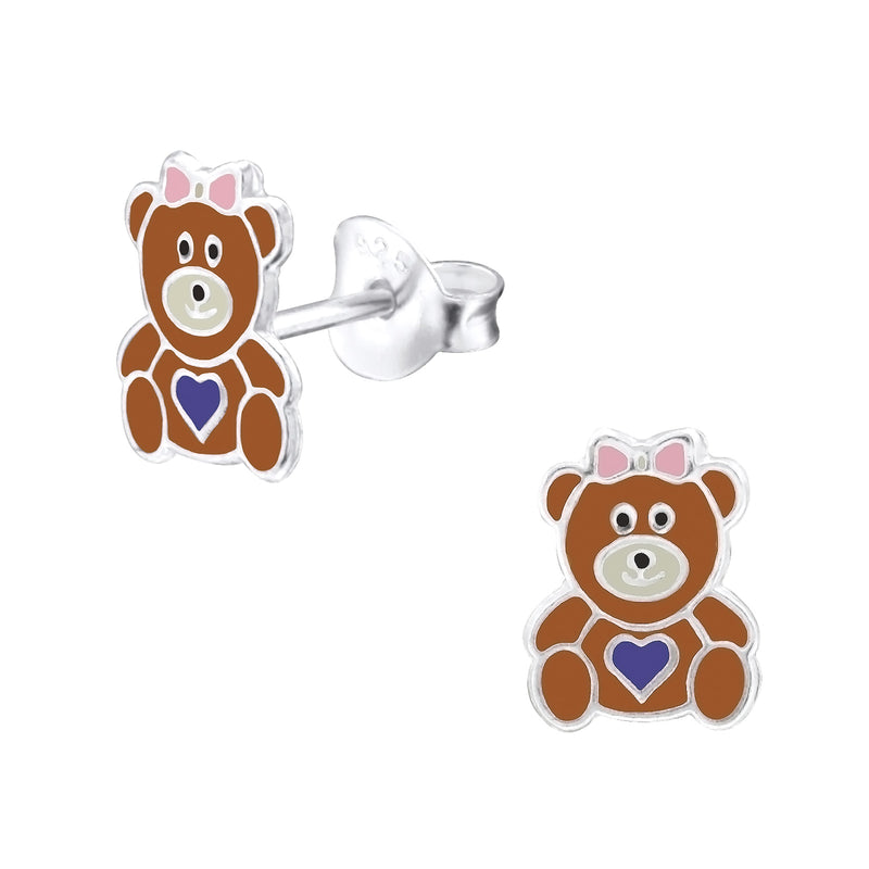 Kinder-Ohrstecker Teddy-Bär Herz Bärchen Braun aus Sterling Silber 925