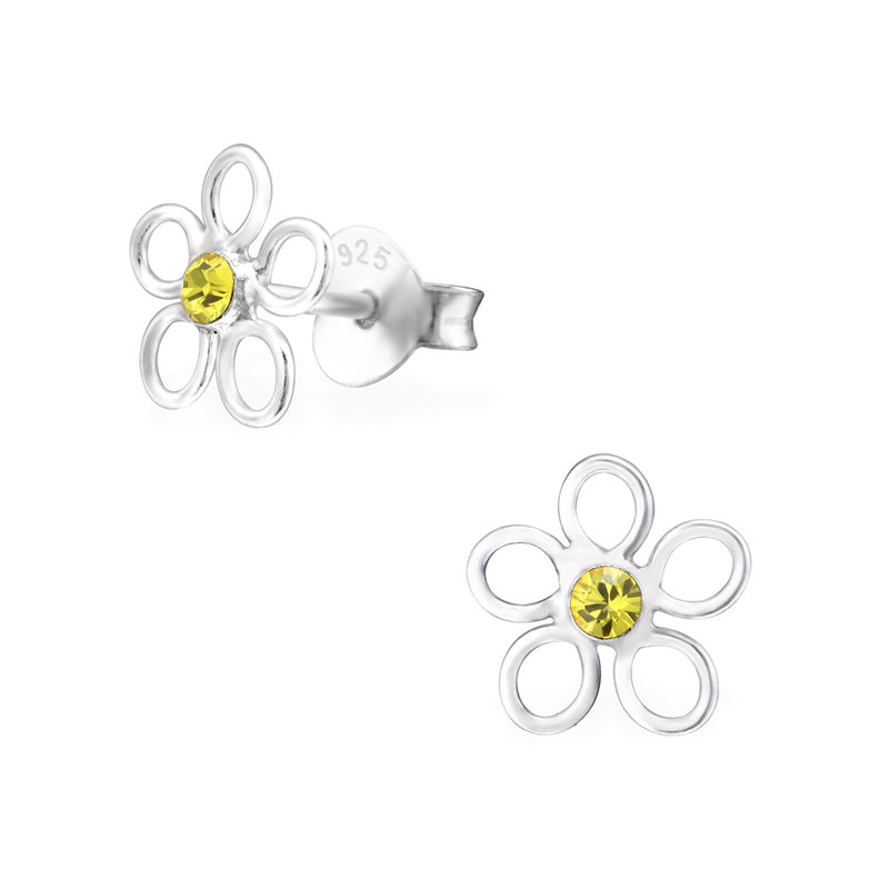 Damen-Ohrstecker Blume Blüte in Glanz mit Glitzer in gelb aus Sterling Silber 925