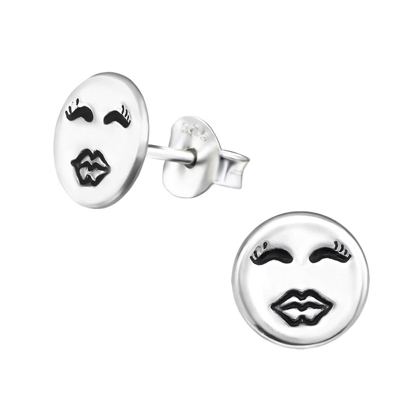 Kinder-Ohrstecker Smiley Gesicht Kuss Kiss Platte oxidiert glanz aus Sterling Silber 925