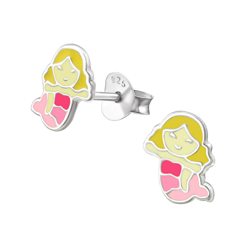 Kinder-Ohrstecker Meerjungfrau Fischfrau Pink Rosa Gelb aus Sterling Silber 925