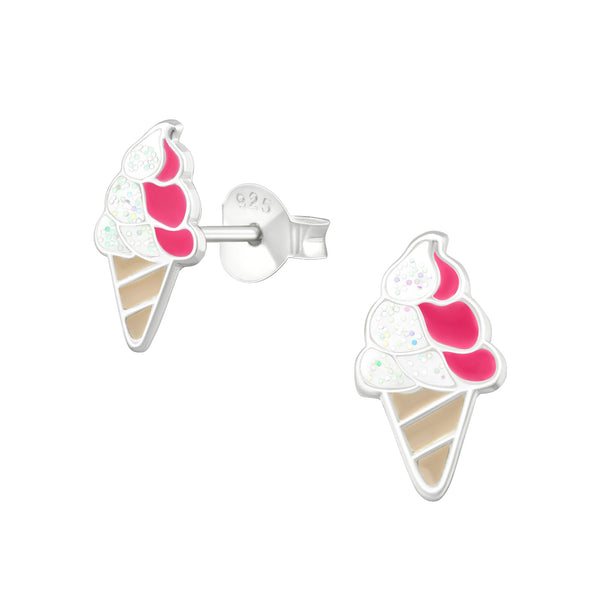 Kinder-Ohrstecker Waffel-Eis Eis Rosa, Pink, Weiß, Braun glitzer aus Sterling Silber 925