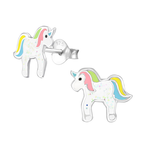 Kinder-Ohrstecker Einhorn Blau Rosa Gelb Weiß Glitzer Bunt aus Sterling Silber 925