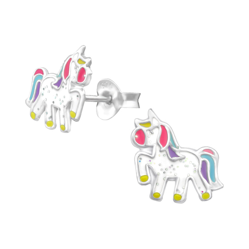 Kinder-Ohrstecker Einhorn Fabelwesen Weiß Pink Lila Glitzer aus Sterling Silber 925