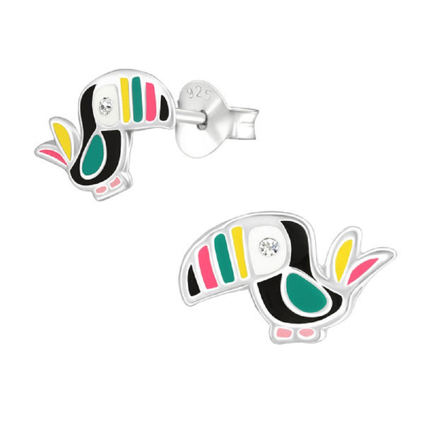 Kinder-Ohrstecker Vogel Tukan glanz 12mm Grün,Pink,Rosa Glitzer Sterling Silber 925