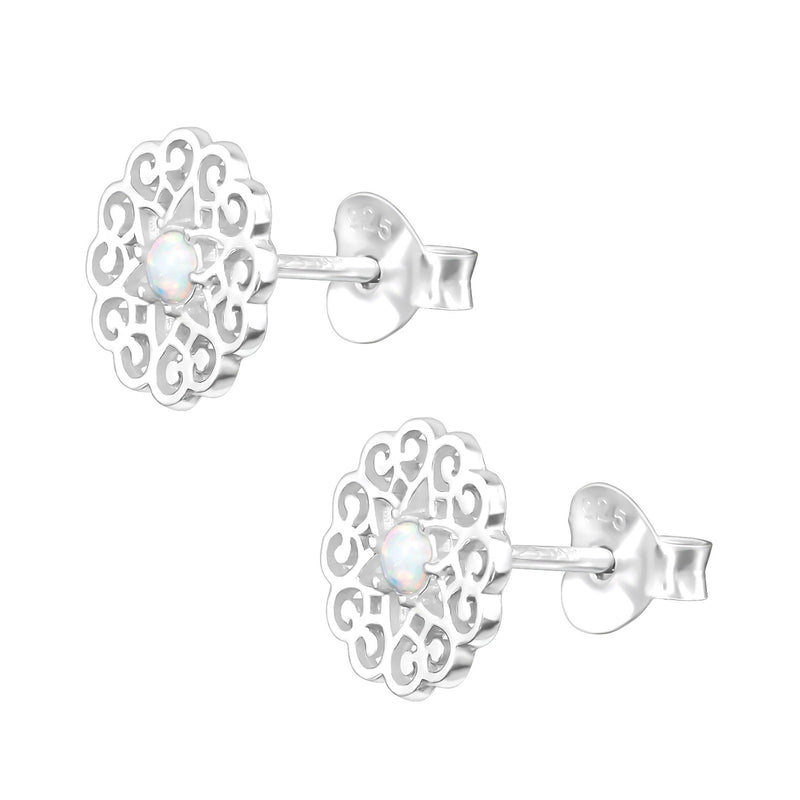 Damen-Ohrstecker Mandala Scheibe Platte mit Syntetischen Opal Sterling Silber 925