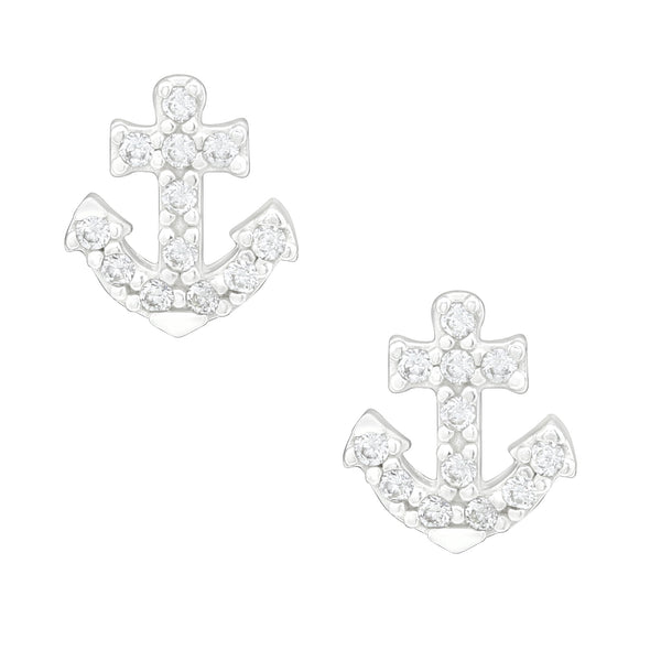 Mädchen-Ohrstecker Anker maritim Glanz mit Zirkonia Weiß aus Sterling Silber 925