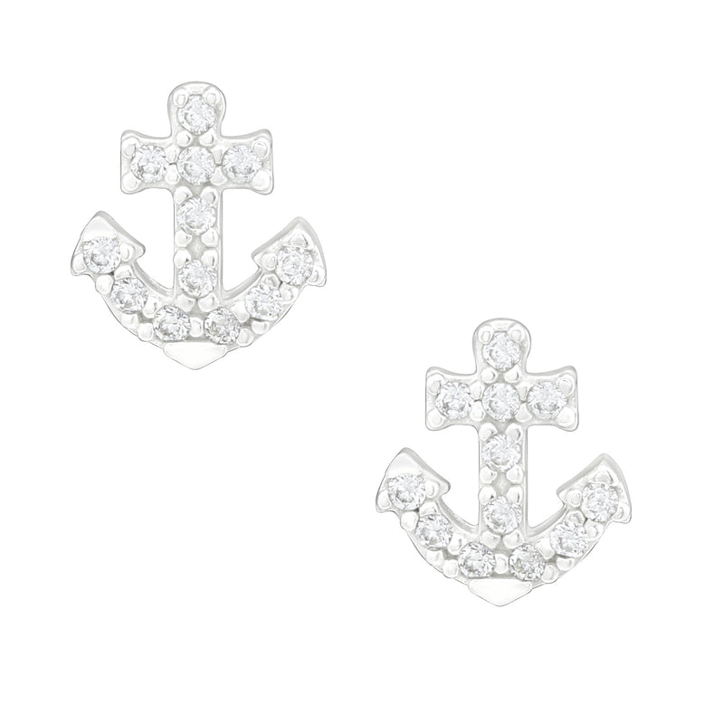 Mädchen-Ohrstecker Anker maritim Glanz mit Zirkonia Weiß aus Sterling Silber 925