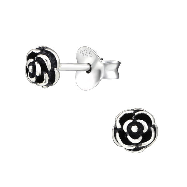 Damen-Ohrstecker Rose Blume oxidiert Sterling Silber 925