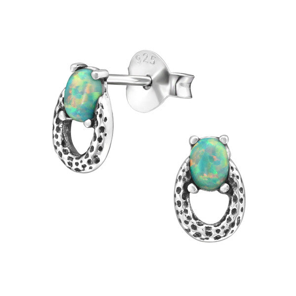 Damen-Ohrstecker oval oxidiert Mint, Bunt Glitzer Sterling Silber 925