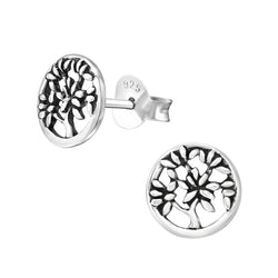 Damen-Ohrstecker Baum des Lebens Platte oxidiert Sterling Silber 925