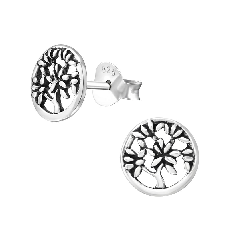 Damen-Ohrstecker Baum des Lebens Platte oxidiert Sterling Silber 925