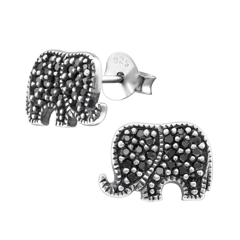 Damen-Ohrstecker Elefant oxidiert Zirkonia schwarz Sterling Silber 925