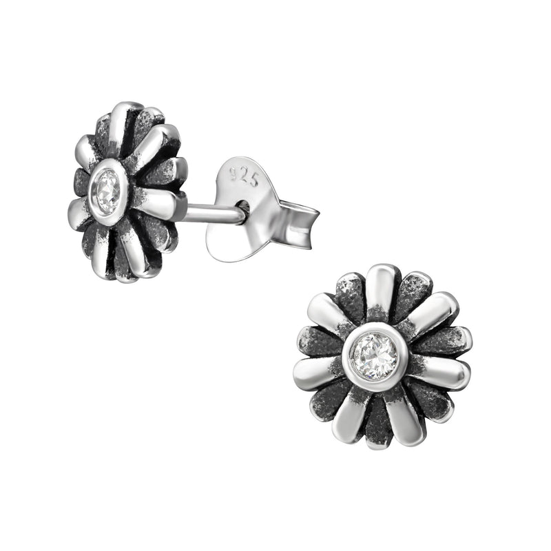 Damen-Ohrstecker Blume oxidiert Zirkonia Sterling Silber 925