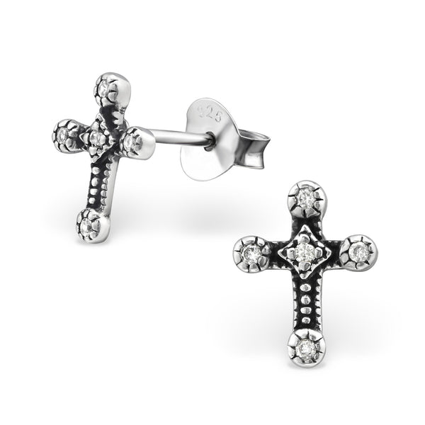 Damen-Ohrstecker Kreuz Design oxidiert Zirkonia weiß Sterling Silber 925