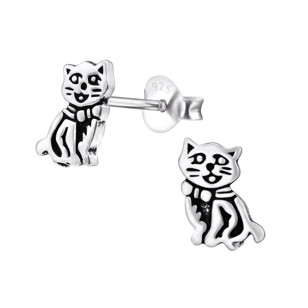 Damen-Ohrstecker Katze oxidiert Sterling Silber 925